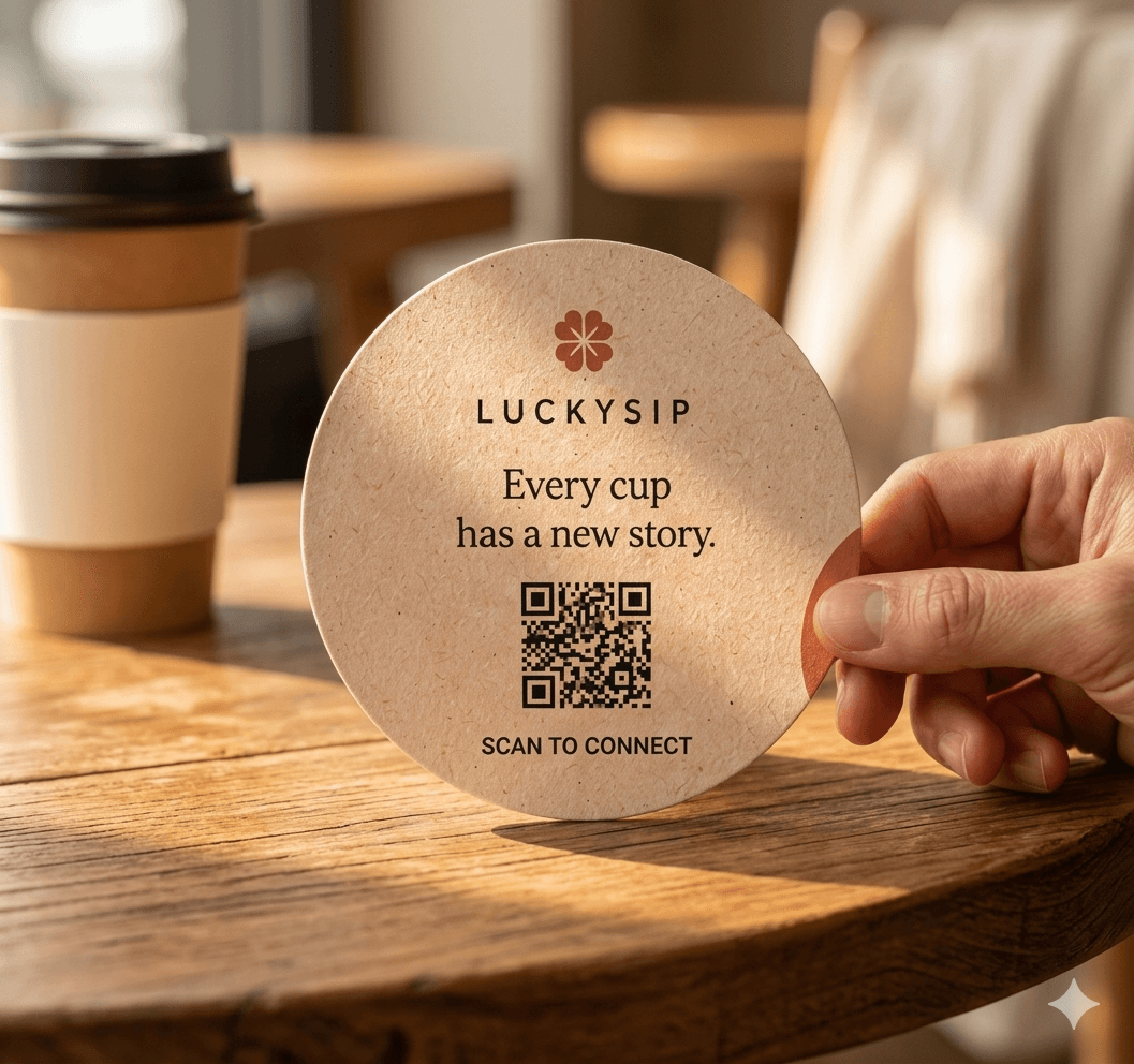 A pair of hands holding a LuckySip card beside a coffee.