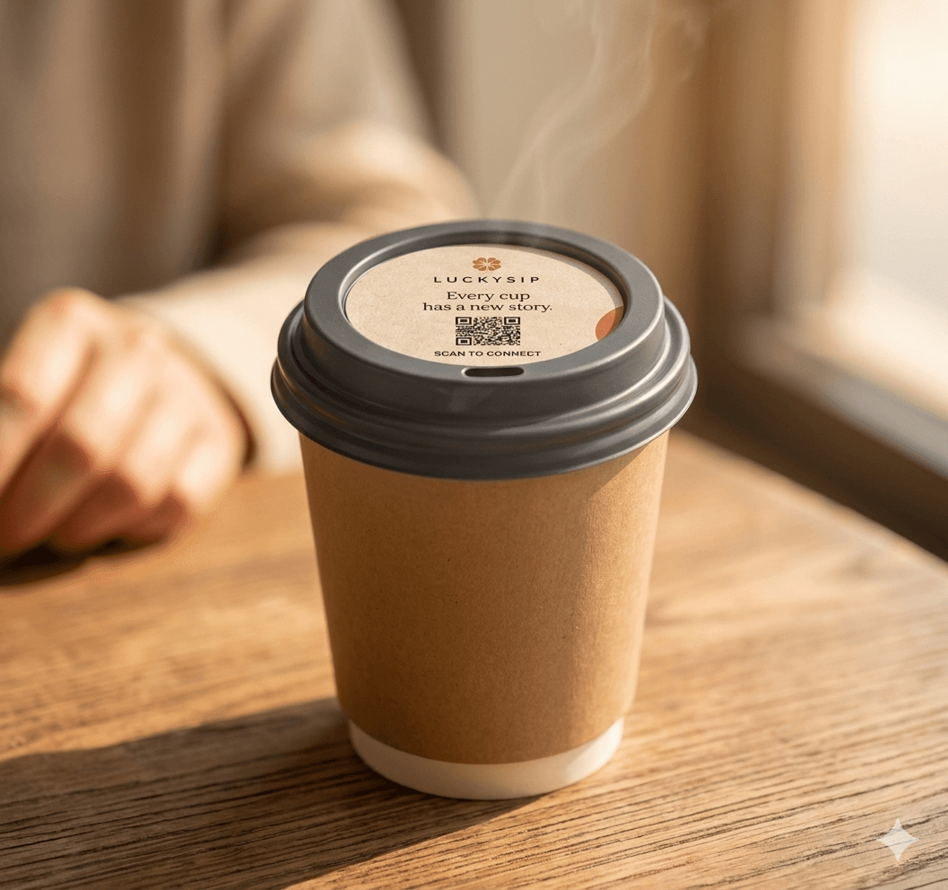 A coffee cup with a LuckySip card resting beside it.