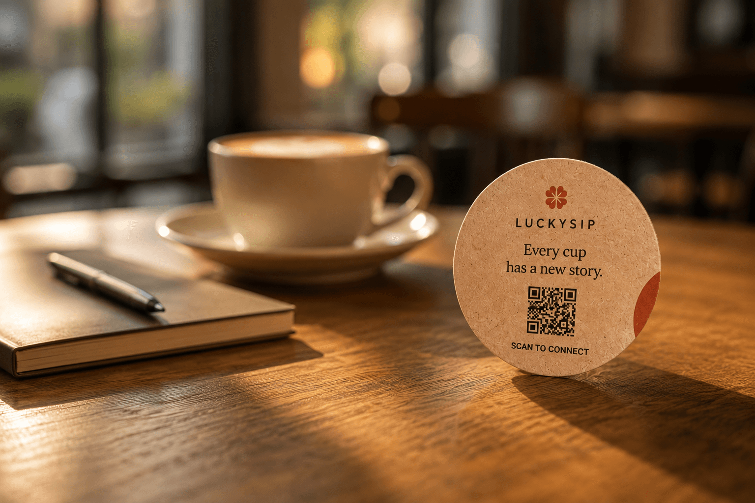 A cafe table with a coffee cup, notebook and a LuckySip coaster.