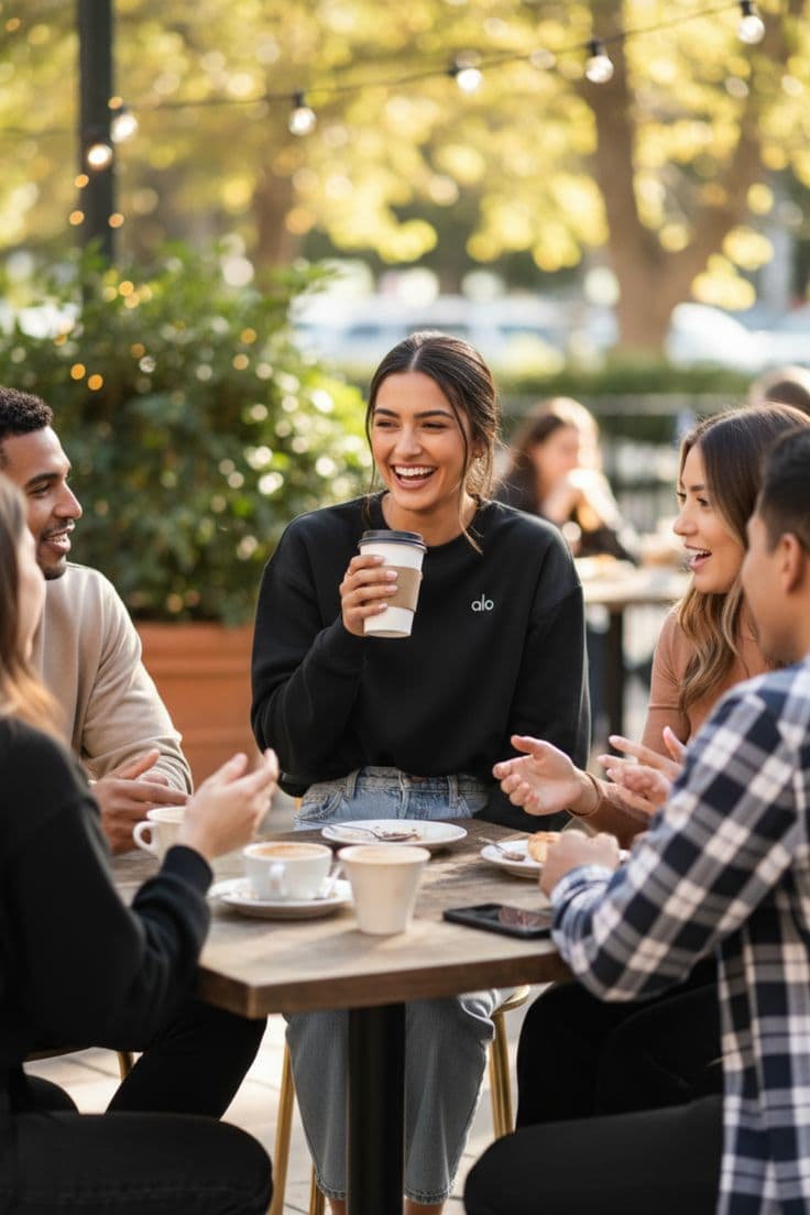 Friends laughing together over coffee at a café.