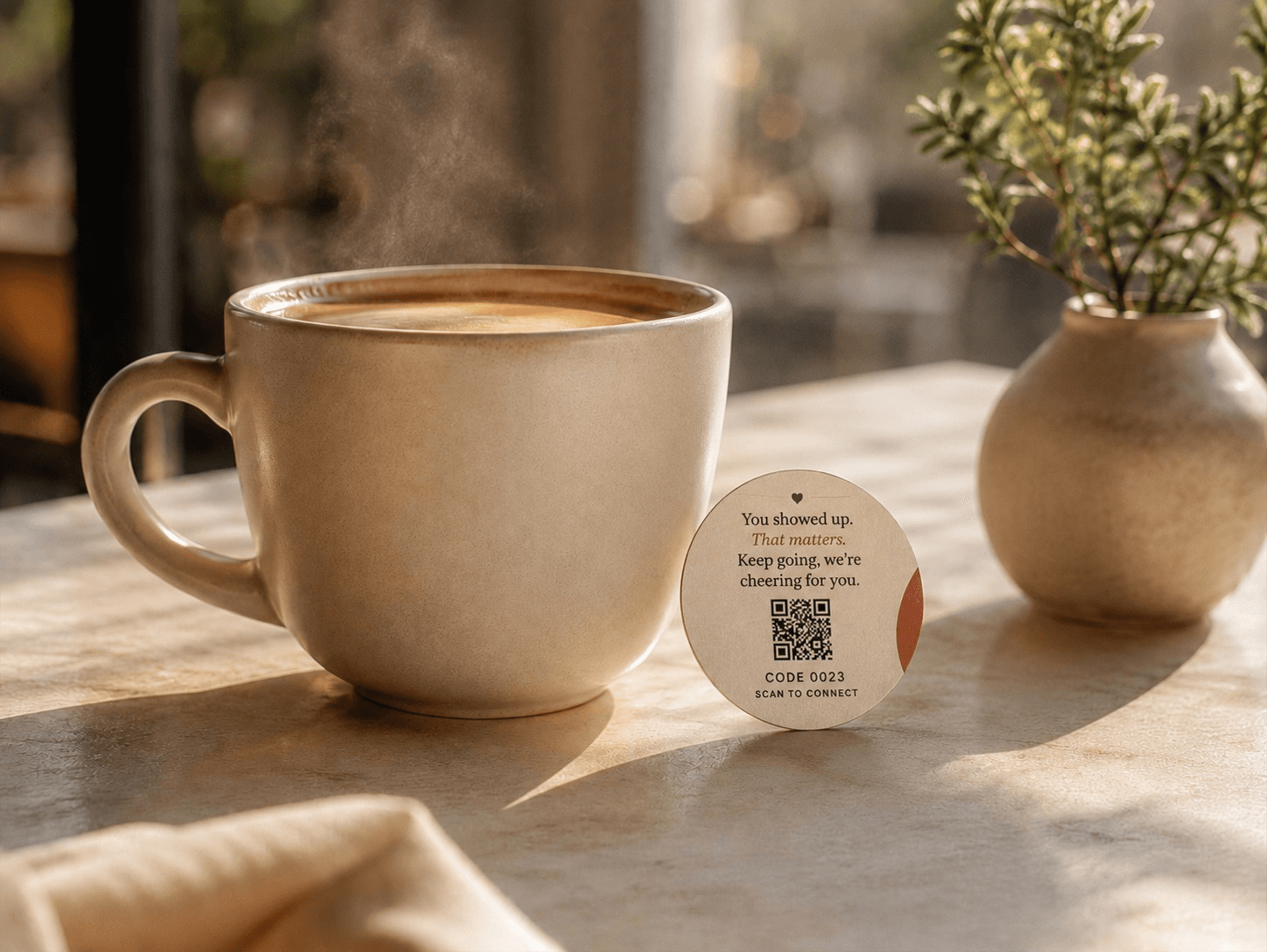 A coffee cup with a LuckySip QR coaster and a small plant on a table.